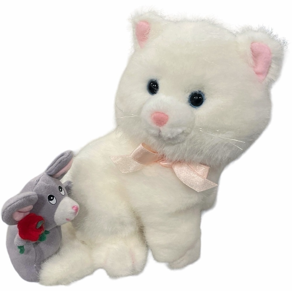 Vintage Russ Caress Soft Pets Cat and Mouse Plush White Blue Eyes Stuffed Animal